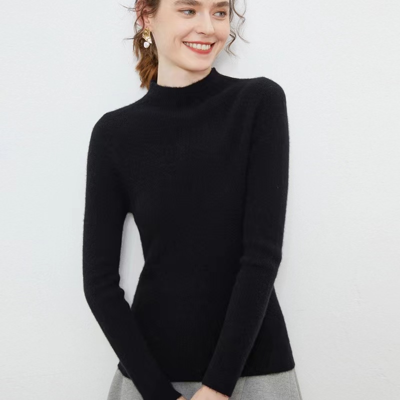 Ženski pulover od 100% čiste vune, polu-visoki ovratnik, uski kroj, dugi rukavi