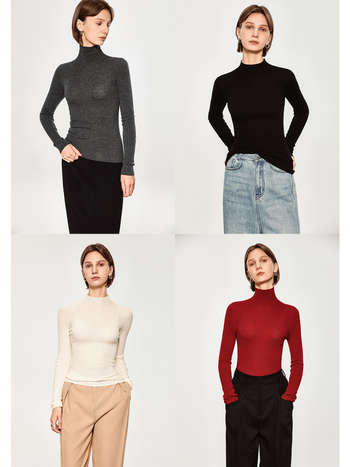 Дамски пуловер от кашмирено-вълнена смес, с висока яка, елегантно прилепнал силует, дълги ръкави, дължина 50–65 см