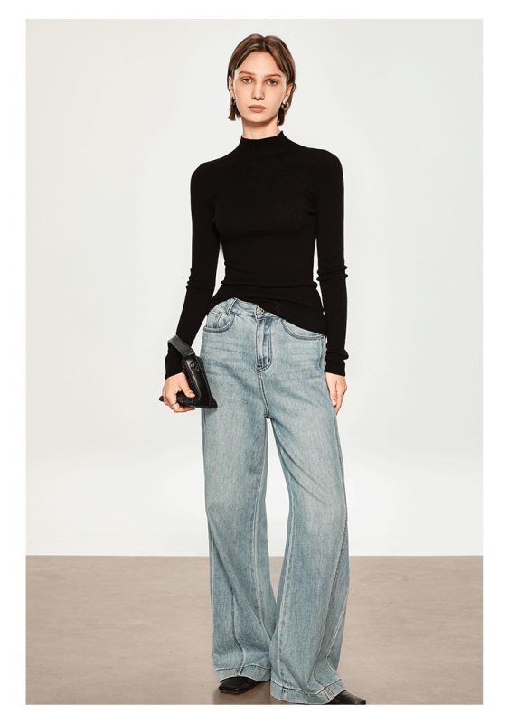 Дамски пуловер от кашмирено-вълнена смес, с висока яка, елегантно прилепнал силует, дълги ръкави, дължина 50–65 см