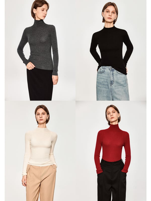 Дамски пуловер от кашмирено-вълнена смес, с висока яка, елегантно прилепнал силует, дълги ръкави, дължина 50–65 см