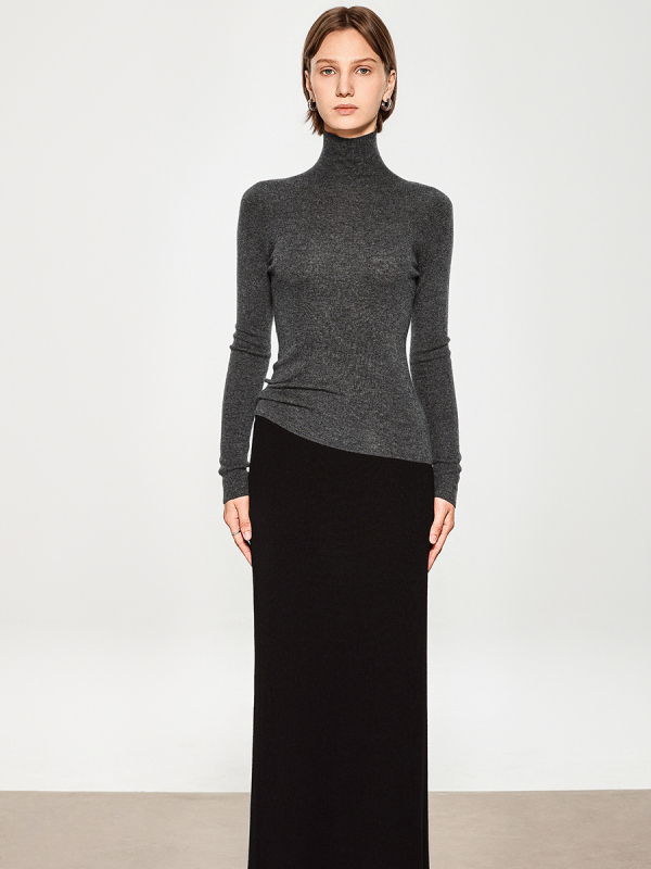 Дамски пуловер от кашмирено-вълнена смес, с висока яка, елегантно прилепнал силует, дълги ръкави, дължина 50–65 см