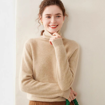 Дамски кашмиров пуловер с висока яка, еднотонен цвят, дълги ръкави, стандартна дължина