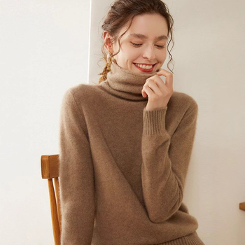 Дамски кашмиров пуловер с висока яка, еднотонен цвят, дълги ръкави, стандартна дължина