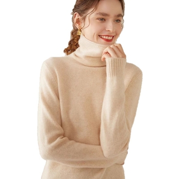 Дамски кашмиров пуловер с висока яка, еднотонен цвят, дълги ръкави, стандартна дължина