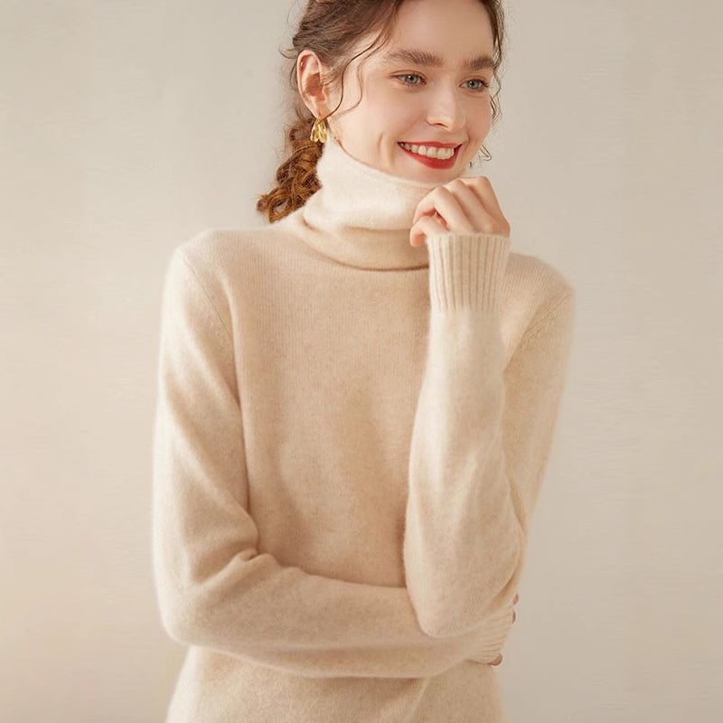 Дамски кашмиров пуловер с висока яка, еднотонен цвят, дълги ръкави, стандартна дължина