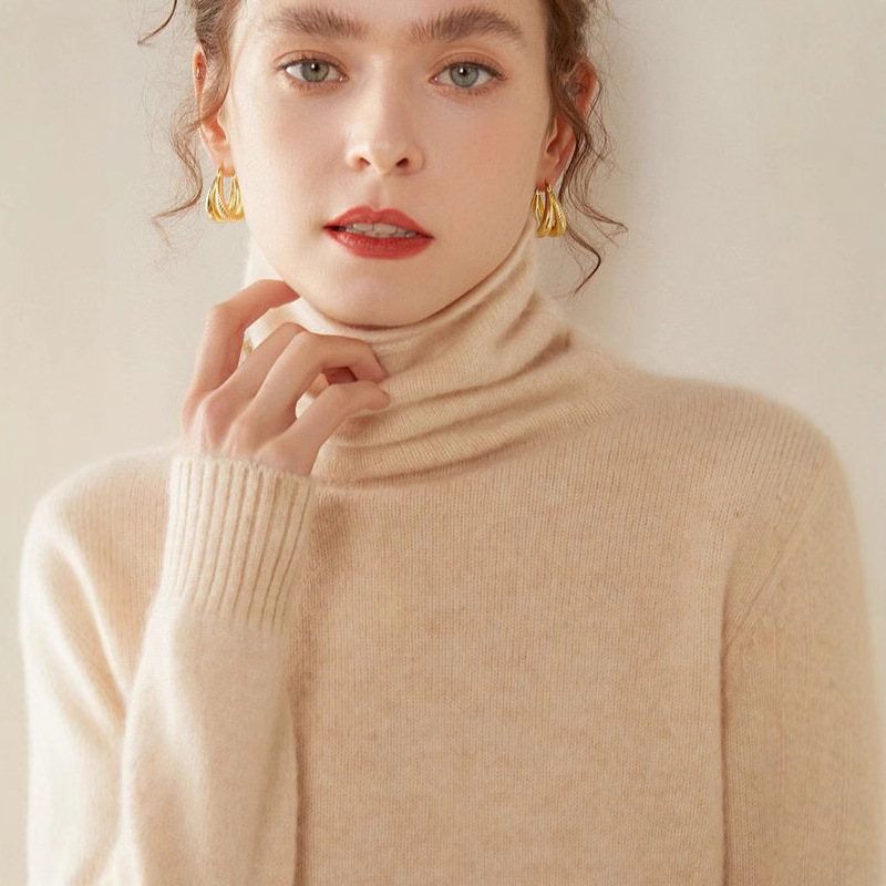 Дамски кашмиров пуловер с висока яка, еднотонен цвят, дълги ръкави, стандартна дължина
