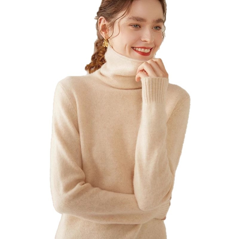 Дамски кашмиров пуловер с висока яка, еднотонен цвят, дълги ръкави, стандартна дължина