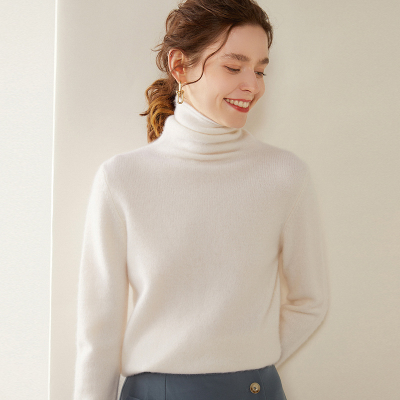 Дамски кашмиров пуловер с висока яка, еднотонен цвят, дълги ръкави, стандартна дължина