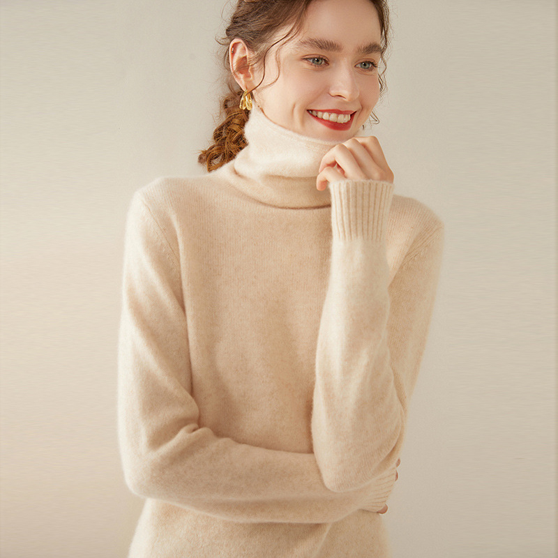 Дамски кашмиров пуловер с висока яка, еднотонен цвят, дълги ръкави, стандартна дължина