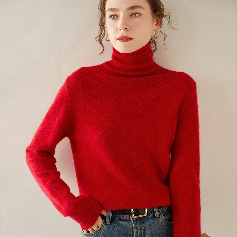 Дамски кашмиров пуловер с висока яка, еднотонен цвят, дълги ръкави, стандартна дължина