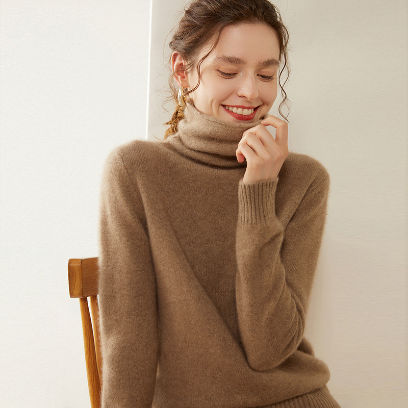 Дамски кашмиров пуловер с висока яка, еднотонен цвят, дълги ръкави, стандартна дължина