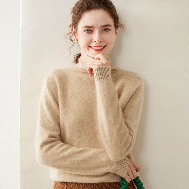Дамски кашмиров пуловер с висока яка, еднотонен цвят, дълги ръкави, стандартна дължина