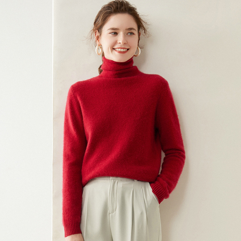 Дамски кашмиров пуловер с висока яка, еднотонен цвят, дълги ръкави, стандартна дължина