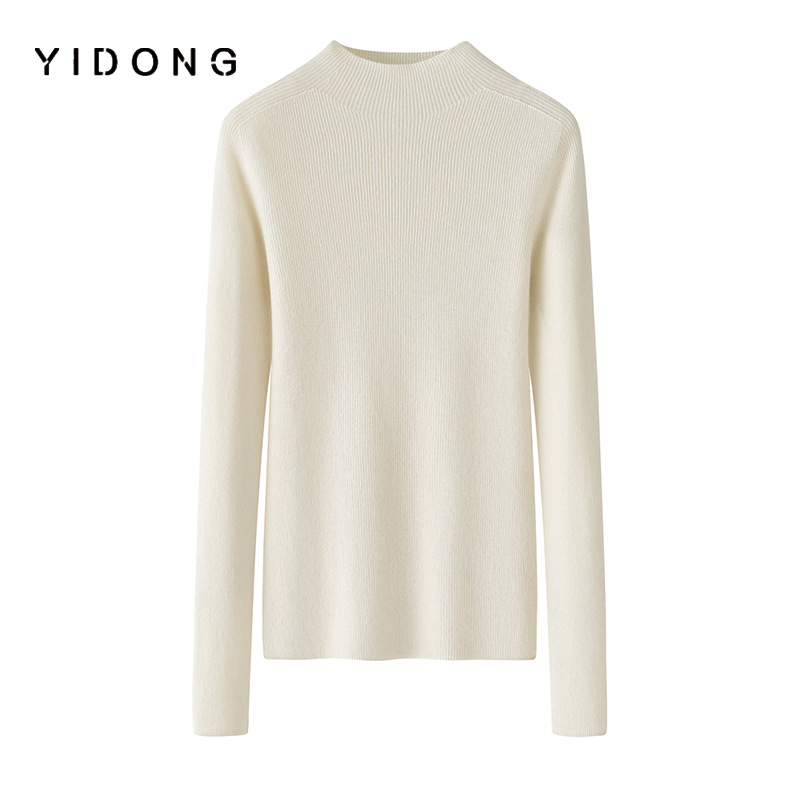 Дамски пуловер от чист кашмир, полувисока яка, 12-гайна рибена плетка, слим кройка, дълги ръкави