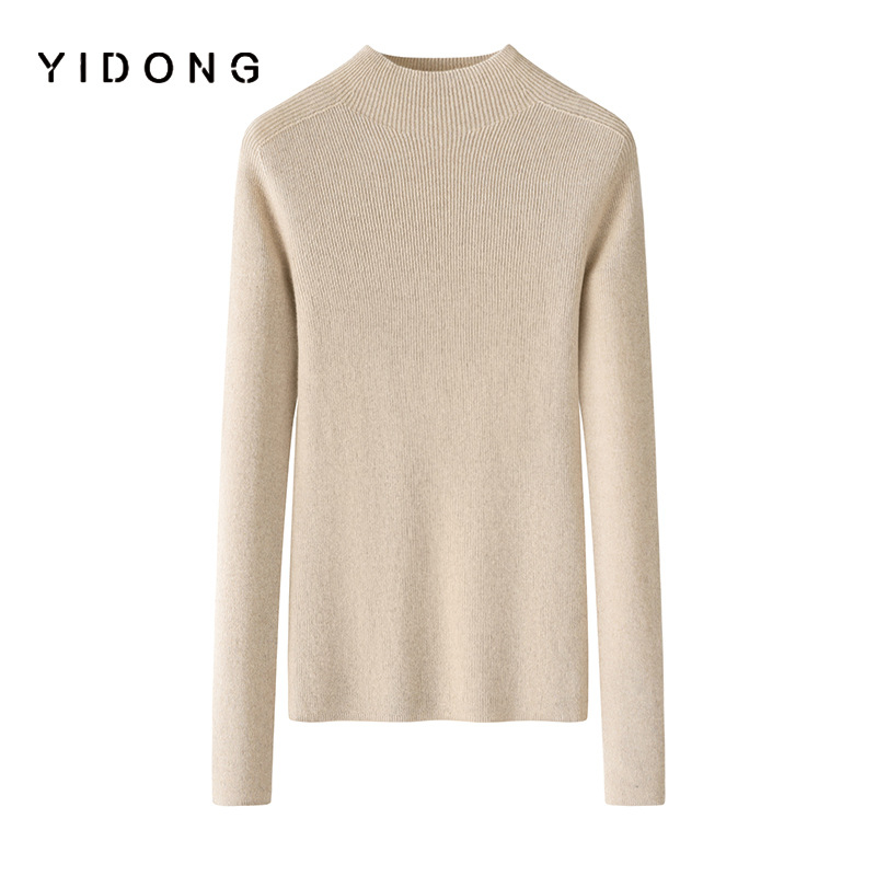 Дамски пуловер от чист кашмир, полувисока яка, 12-гайна рибена плетка, слим кройка, дълги ръкави