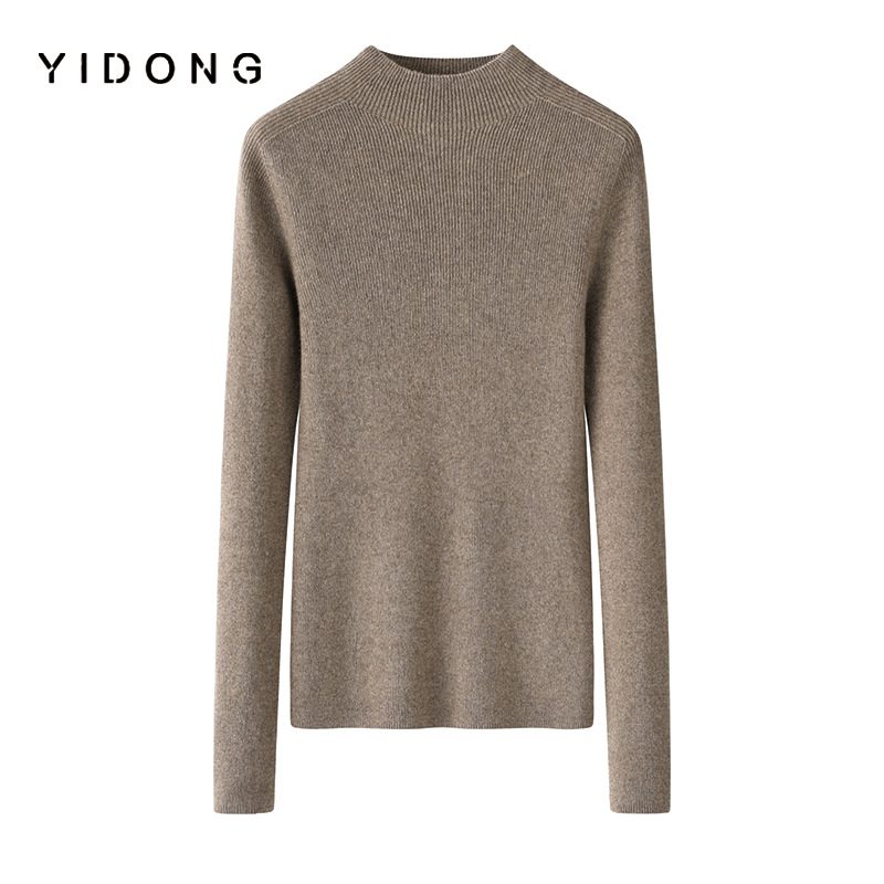 Дамски пуловер от чист кашмир, полувисока яка, 12-гайна рибена плетка, слим кройка, дълги ръкави