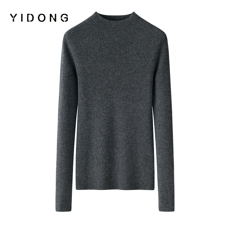 Дамски пуловер от чист кашмир, полувисока яка, 12-гайна рибена плетка, слим кройка, дълги ръкави