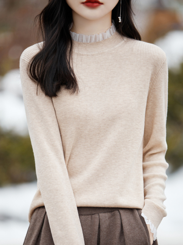 Ženski vuneni džemper Dream Cashmere s čipkastim rubom, polu-visoki ovratnik, dugi rukavi, standardna duljina
