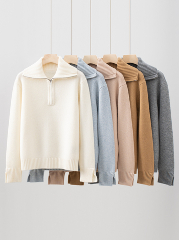 Пуловер с качулка от кашмир-вълна, полузип, свободна кройка, висока яка, дълги ръкави, есен-зима 2025, женски елегантен ежедневен пуловер