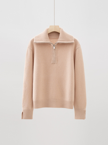 Пуловер с качулка от кашмир-вълна, полузип, свободна кройка, висока яка, дълги ръкави, есен-зима 2025, женски елегантен ежедневен пуловер