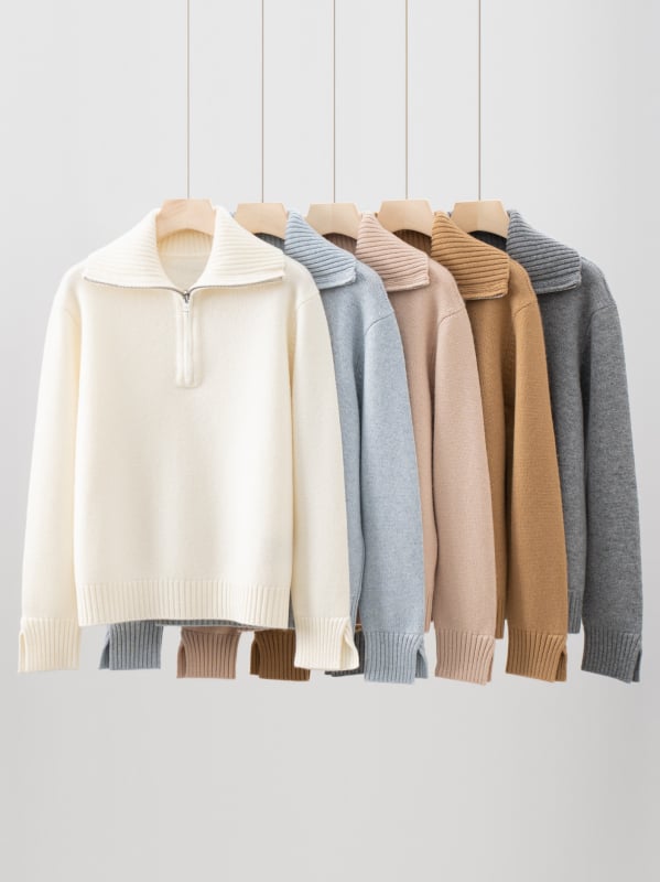 Пуловер с качулка от кашмир-вълна, полузип, свободна кройка, висока яка, дълги ръкави, есен-зима 2025, женски елегантен ежедневен пуловер