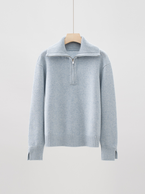 Пуловер с качулка от кашмир-вълна, полузип, свободна кройка, висока яка, дълги ръкави, есен-зима 2025, женски елегантен ежедневен пуловер