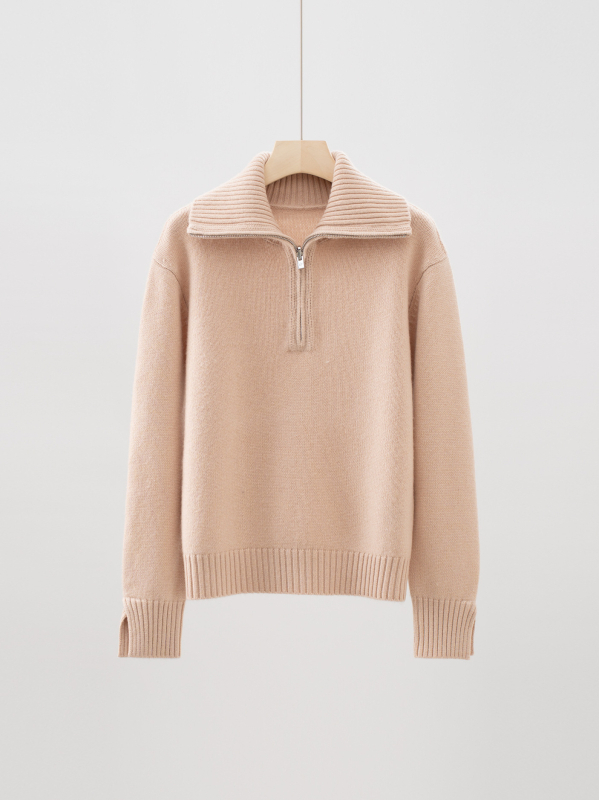 Пуловер с качулка от кашмир-вълна, полузип, свободна кройка, висока яка, дълги ръкави, есен-зима 2025, женски елегантен ежедневен пуловер