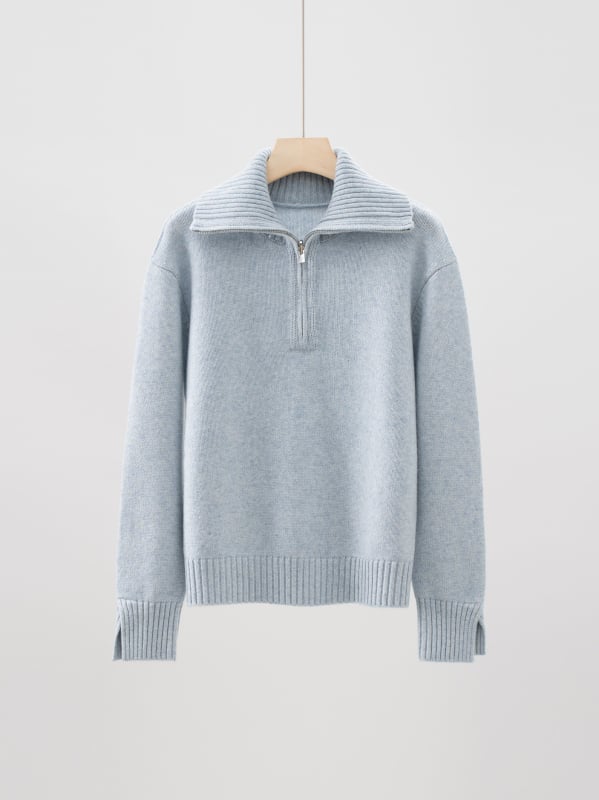 Пуловер с качулка от кашмир-вълна, полузип, свободна кройка, висока яка, дълги ръкави, есен-зима 2025, женски елегантен ежедневен пуловер