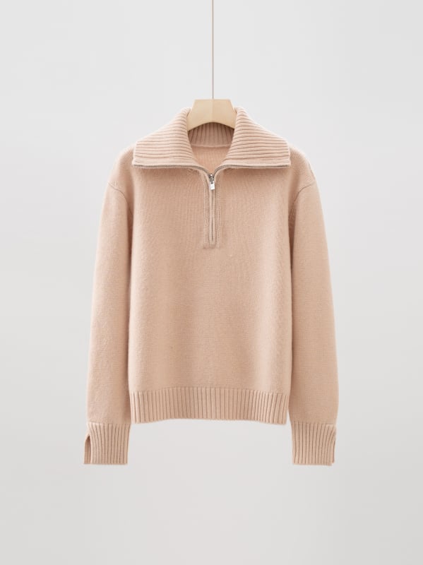 Пуловер с качулка от кашмир-вълна, полузип, свободна кройка, висока яка, дълги ръкави, есен-зима 2025, женски елегантен ежедневен пуловер