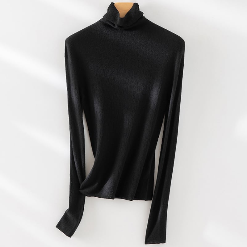 Pulover din cașmir fără cusături, guler înalt, croială slim, mâneci lungi, detalii patchwork; lungime normală 50–65 cm; cașmir 30–50%, mătase mulberry sub 30%; toamnă 2024