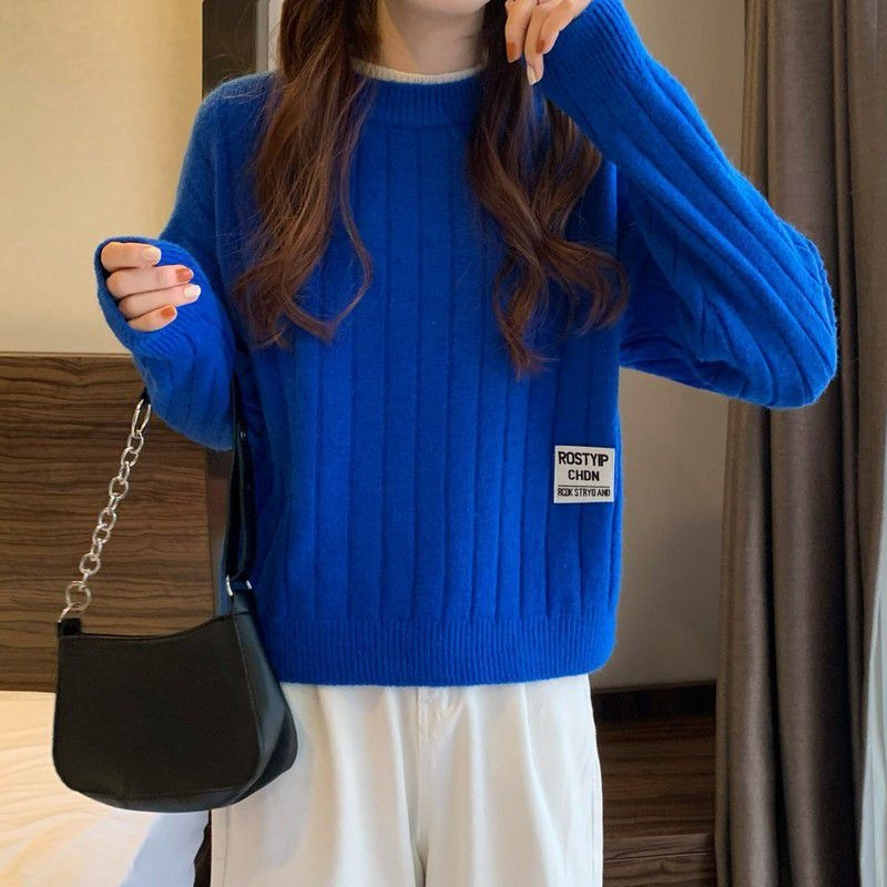 Pulover în stil coreean, tricot rib - guler rotund, mâneci lungi, croială lejeră, tricot poliester-spandex