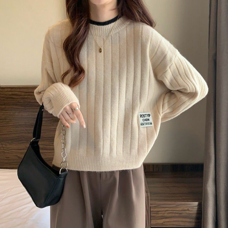 Pulover în stil coreean, tricot rib - guler rotund, mâneci lungi, croială lejeră, tricot poliester-spandex