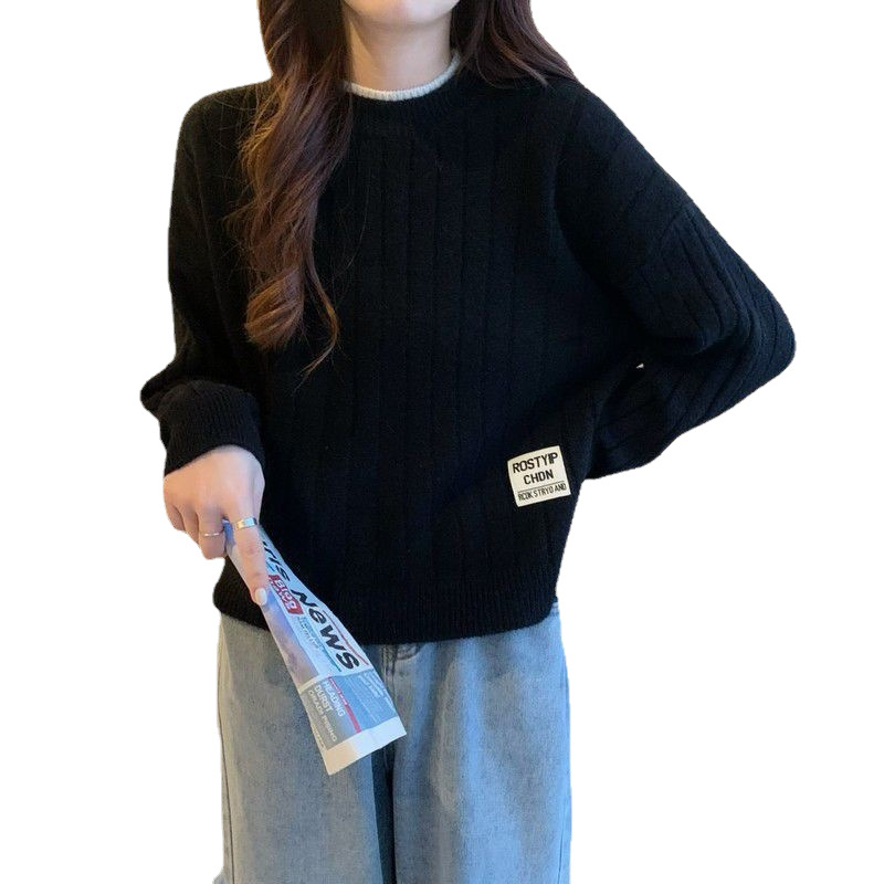 Pulover în stil coreean, tricot rib - guler rotund, mâneci lungi, croială lejeră, tricot poliester-spandex