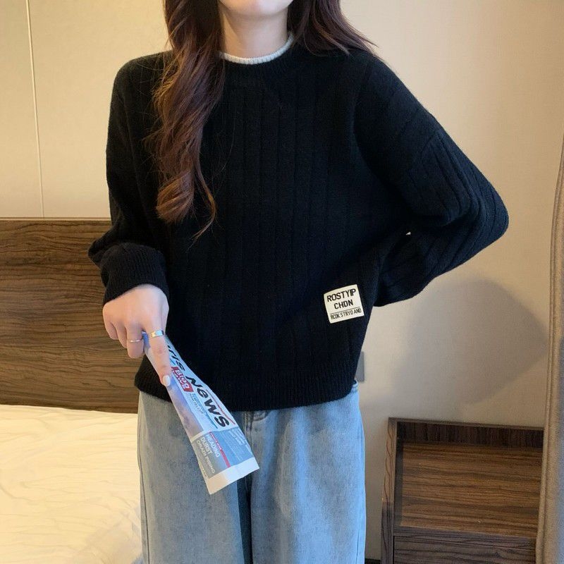 Pulover în stil coreean, tricot rib - guler rotund, mâneci lungi, croială lejeră, tricot poliester-spandex