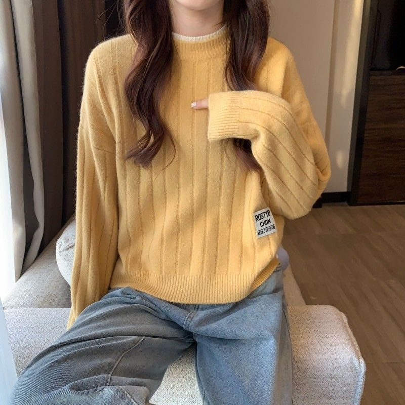 Pulover în stil coreean, tricot rib - guler rotund, mâneci lungi, croială lejeră, tricot poliester-spandex