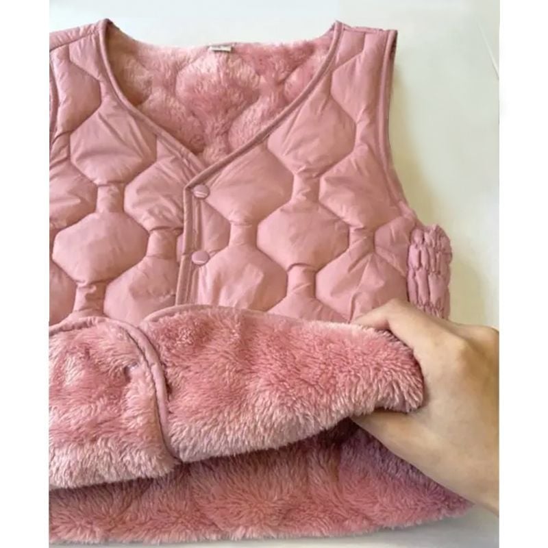 Ženski pamučni prsluk s punjenjem od down pamuka, flis podstava, V-izrez, kratka, uski kroj, dijamantni uzorak – za jesen i zimu