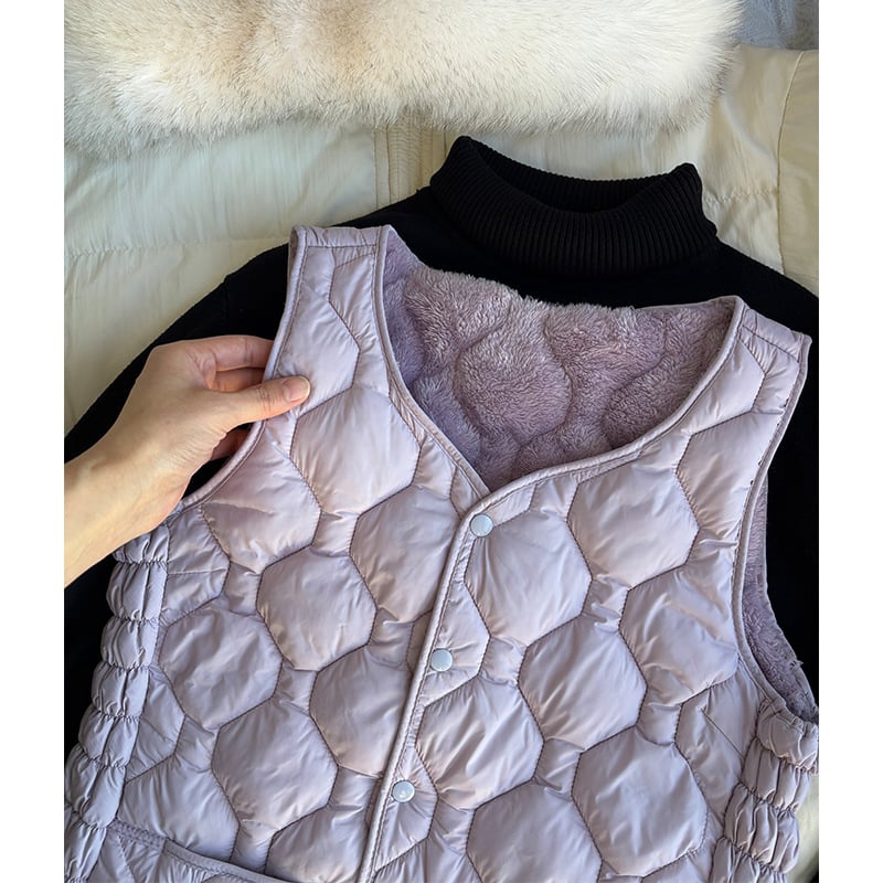 Ženski pamučni prsluk s punjenjem od down pamuka, flis podstava, V-izrez, kratka, uski kroj, dijamantni uzorak – za jesen i zimu