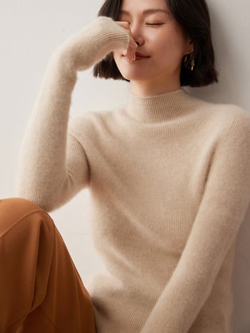 Női pulóver fél magas nyakkal, Slim fit, gyapjú-kasmírszövetes felső, 50–70% gyapjú, 30–50% kasmír, hosszú ujjú, téli 2024