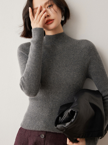 Női pulóver fél magas nyakkal, Slim fit, gyapjú-kasmírszövetes felső, 50–70% gyapjú, 30–50% kasmír, hosszú ujjú, téli 2024