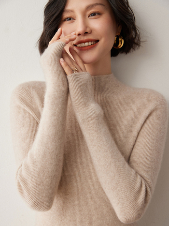 Női pulóver fél magas nyakkal, Slim fit, gyapjú-kasmírszövetes felső, 50–70% gyapjú, 30–50% kasmír, hosszú ujjú, téli 2024