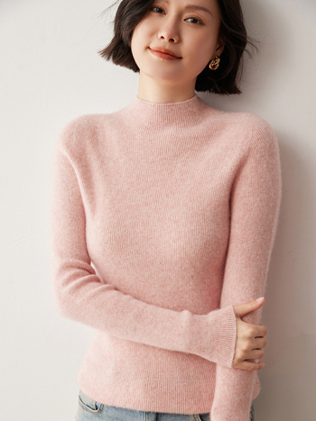 Női pulóver fél magas nyakkal, Slim fit, gyapjú-kasmírszövetes felső, 50–70% gyapjú, 30–50% kasmír, hosszú ujjú, téli 2024