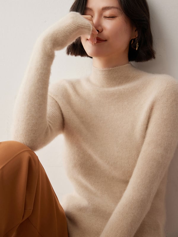 Női pulóver fél magas nyakkal, Slim fit, gyapjú-kasmírszövetes felső, 50–70% gyapjú, 30–50% kasmír, hosszú ujjú, téli 2024