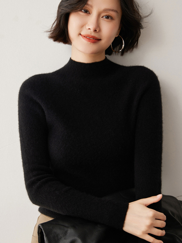 Női pulóver fél magas nyakkal, Slim fit, gyapjú-kasmírszövetes felső, 50–70% gyapjú, 30–50% kasmír, hosszú ujjú, téli 2024