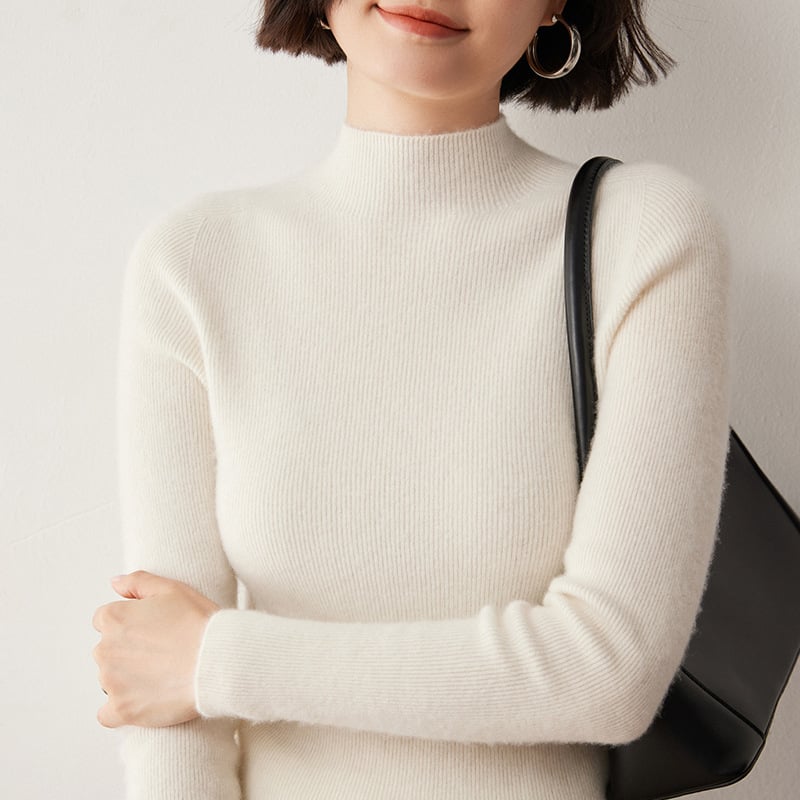 Női pulóver fél magas nyakkal, Slim fit, gyapjú-kasmírszövetes felső, 50–70% gyapjú, 30–50% kasmír, hosszú ujjú, téli 2024