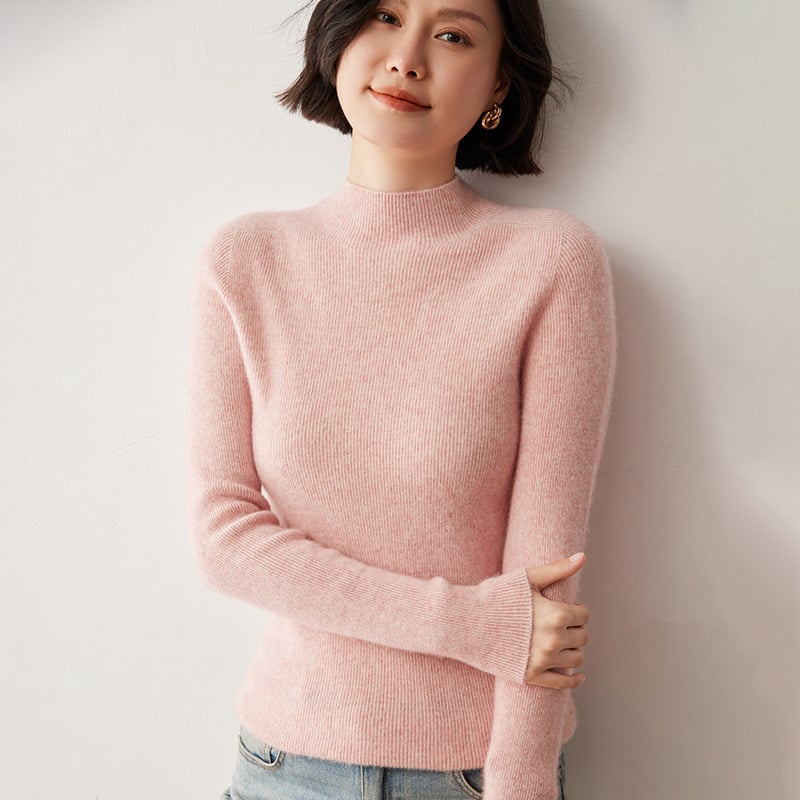 Női pulóver fél magas nyakkal, Slim fit, gyapjú-kasmírszövetes felső, 50–70% gyapjú, 30–50% kasmír, hosszú ujjú, téli 2024