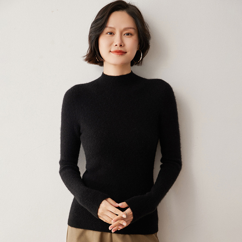 Női pulóver fél magas nyakkal, Slim fit, gyapjú-kasmírszövetes felső, 50–70% gyapjú, 30–50% kasmír, hosszú ujjú, téli 2024