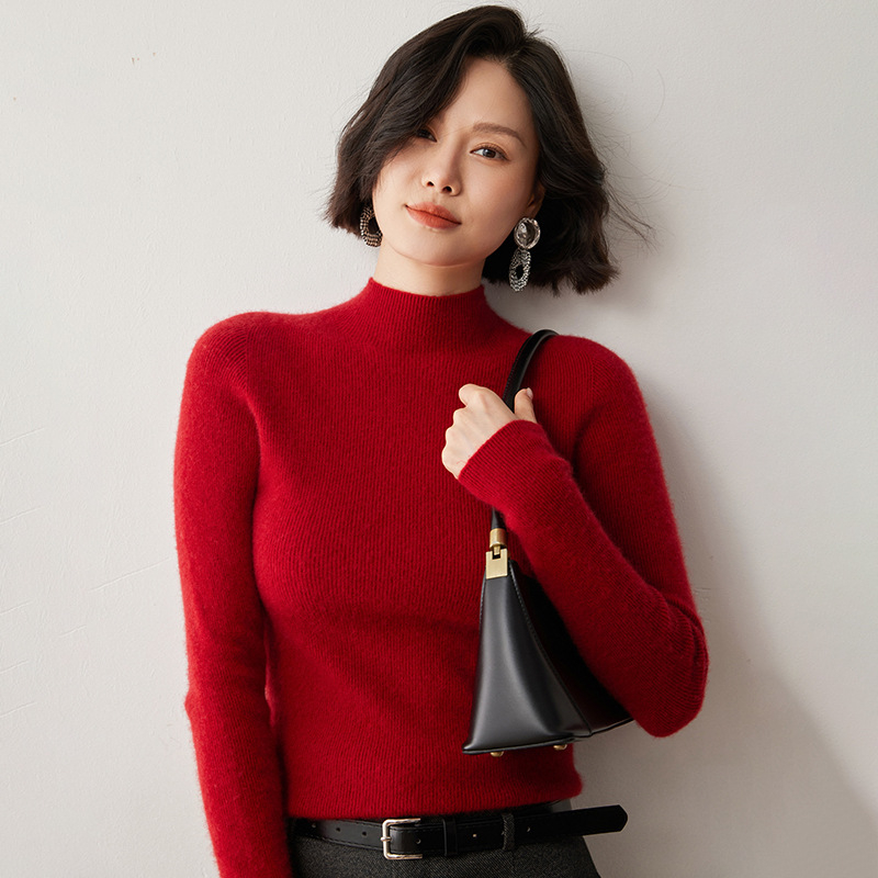 Női pulóver fél magas nyakkal, Slim fit, gyapjú-kasmírszövetes felső, 50–70% gyapjú, 30–50% kasmír, hosszú ujjú, téli 2024