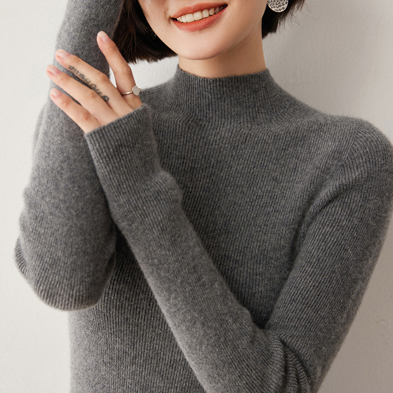 Női pulóver fél magas nyakkal, Slim fit, gyapjú-kasmírszövetes felső, 50–70% gyapjú, 30–50% kasmír, hosszú ujjú, téli 2024