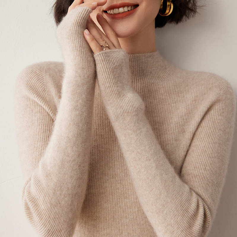 Női pulóver fél magas nyakkal, Slim fit, gyapjú-kasmírszövetes felső, 50–70% gyapjú, 30–50% kasmír, hosszú ujjú, téli 2024