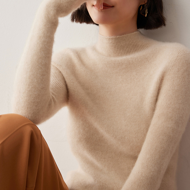 Női pulóver fél magas nyakkal, Slim fit, gyapjú-kasmírszövetes felső, 50–70% gyapjú, 30–50% kasmír, hosszú ujjú, téli 2024